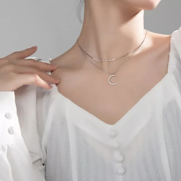 NEW | Crescent Moon Multi Layer Pave Diamond Necklace - Picture 3 of 15